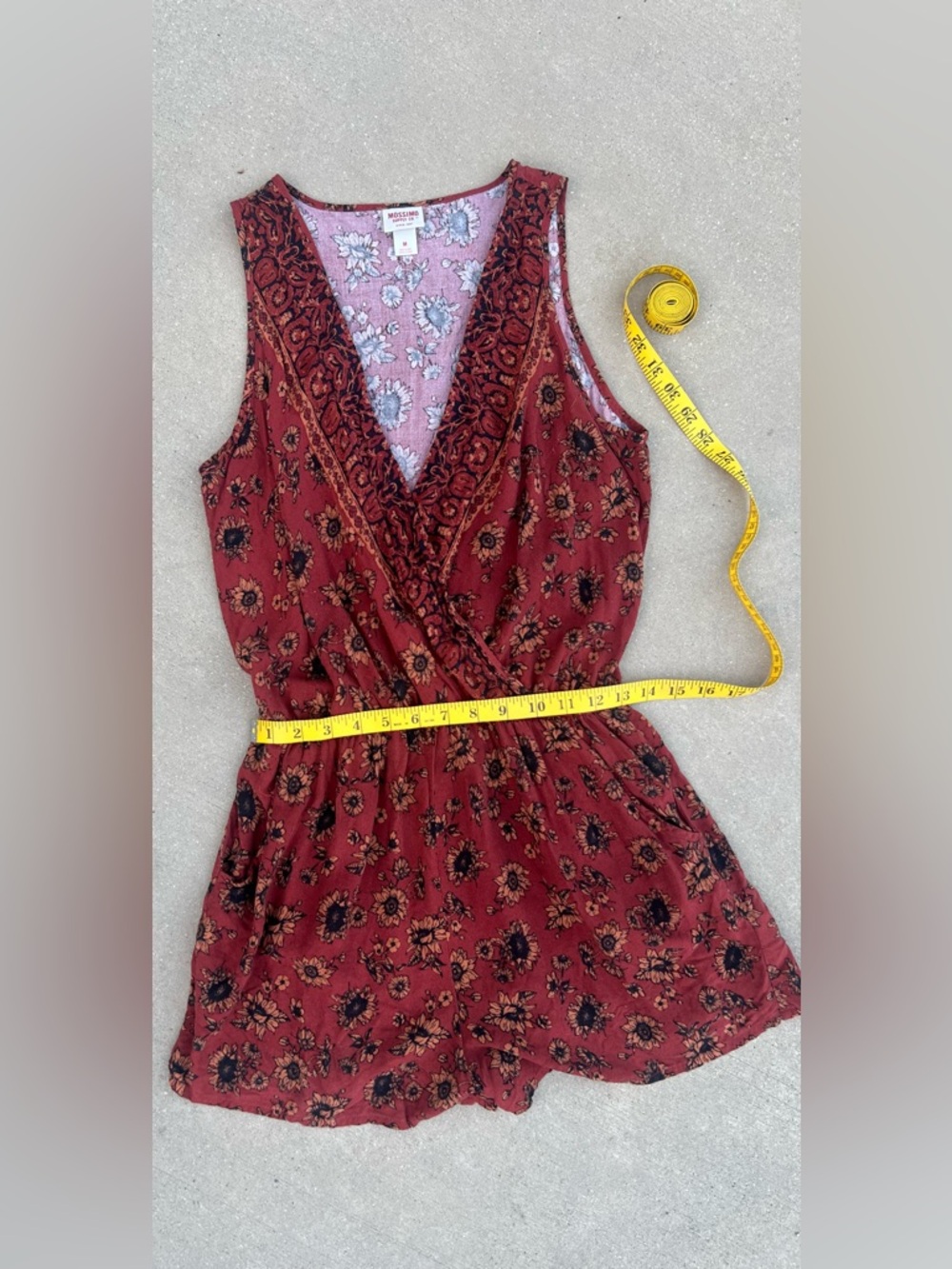 Mossimo Boho Rust Sunflower Floral Print Romper Medium Pockets Whimsy Fairycore - Picture 7 of 15